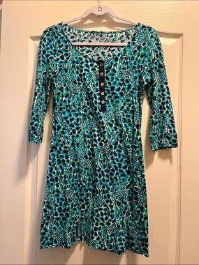 Lilly Pulitzer Teal & Navy Animal-Print Henley Dress Size Small